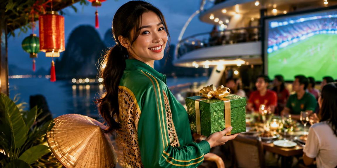 Người dùng tại Hạ Long xem kèo bóng đá trực tuyến trên điện thoại với phong cảnh vịnh