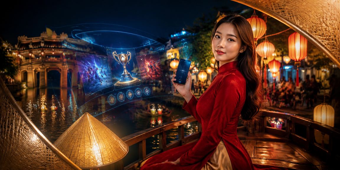 Người dùng tại Hội An xem kèo esports trên điện thoại, mặc áo dài truyền thống