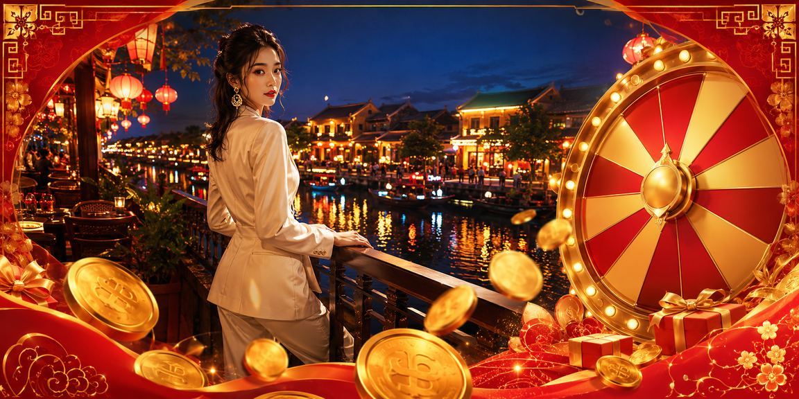 Khung cảnh thư giãn tại Hội An với màn hình hiển thị giao diện trò chơi roulette trực tuyến
