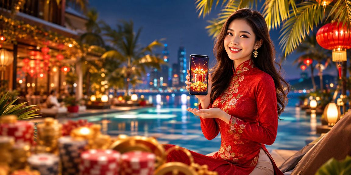 Người dùng tại Mũi Né trong trang phục áo dài truyền thống đăng ký tài khoản và nhận ưu đãi chào mừng